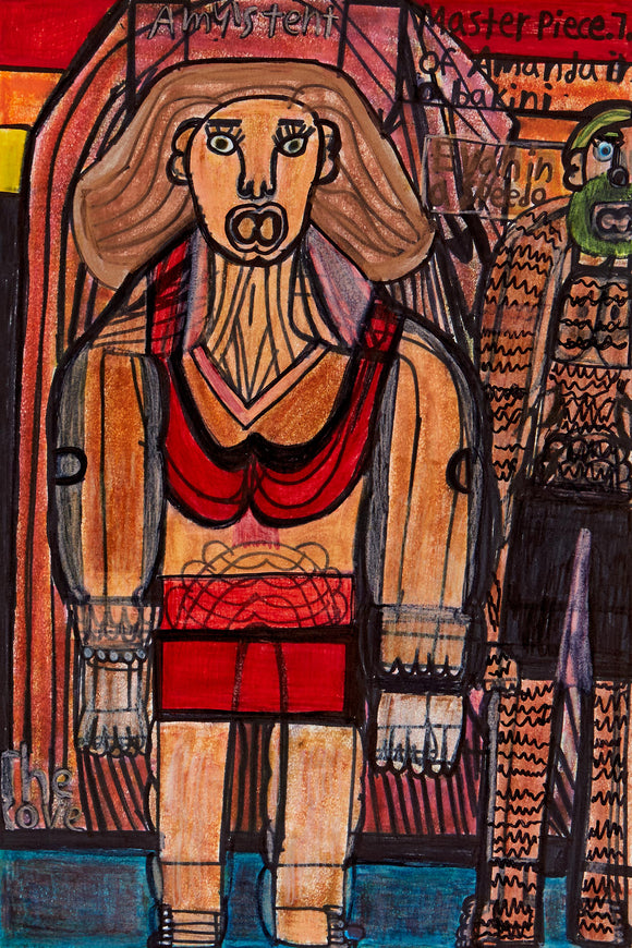 Evan Hynes’ Good Girl, Sweeter than Wine (2023) features a bold, muscular figure in a red bikini, standing in a richly textured environment. Rendered in colored pencil and marker, the composition is marked by strong outlines, geometric structuring, and expressive facial features. A secondary figure in the background adds narrative complexity. Hynes’ folk-art aesthetic challenges traditional depictions of femininity, exploring themes of confidence, body image, and empowerment.