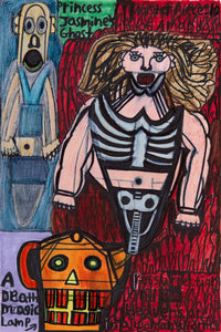 Evan Hynes’ Halloween Ghost (2023) presents a skeletal warrior figure with flowing hair, clad in a ribcage-like bodice, surrounded by flames and spectral imagery. Rendered in colored pencil and marker, the piece features bold outlines, intense color contrasts, and layered textures. A ghostly figure and a robotic skull lamp add to the surreal, narrative-driven composition. Hynes’ expressive, folk-art aesthetic explores themes of resurrection, mythology, and supernatural transformation.
