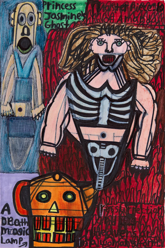 Evan Hynes’ Halloween Ghost (2023) presents a skeletal warrior figure with flowing hair, clad in a ribcage-like bodice, surrounded by flames and spectral imagery. Rendered in colored pencil and marker, the piece features bold outlines, intense color contrasts, and layered textures. A ghostly figure and a robotic skull lamp add to the surreal, narrative-driven composition. Hynes’ expressive, folk-art aesthetic explores themes of resurrection, mythology, and supernatural transformation.
