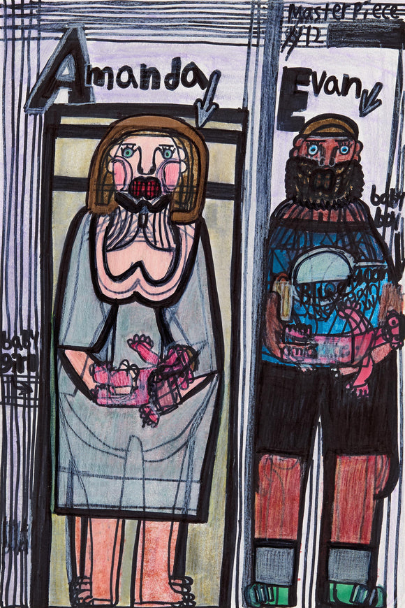 Evan Hynes’ Mother and Child (2023) presents two figures, Amanda and Evan, each holding an infant-like form. Rendered in colored pencil and marker, the composition is divided into two distinct sections, emphasizing contrast through bold outlines, expressive textures, and layered text elements. The figures’ exaggerated features and geometric structuring evoke themes of care, identity, and familial bonds. Hynes’ folk-art aesthetic explores human connection with a raw, emotive sensibility.