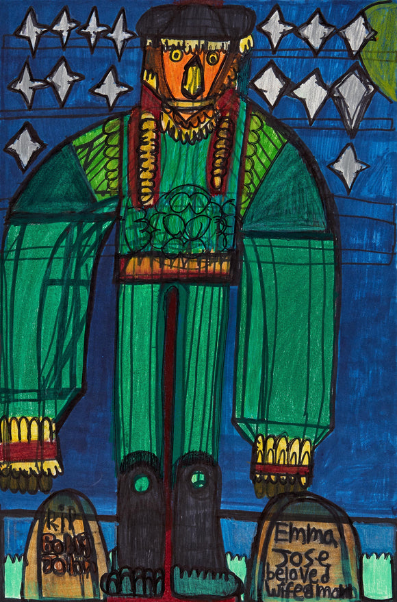 Evan Hynes’ Night of the Living Scarecrow in Ireland (2020) presents a towering scarecrow figure in an eerie nighttime setting. Rendered in colored pencil and marker, the composition features bold green hues, geometric structuring, and expressive linework. The figure’s haunting presence is emphasized by glowing eyes, gravestones, and a starry sky. Hynes’ folk-art aesthetic blends mythology and horror, evoking themes of resurrection, memory, and the supernatural.