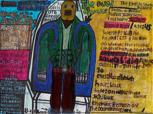 Evan Hynes’ Rising Darkness (2024) presents a superhero figure, "The Caped Crusader," surrounded by dense text detailing his origin, powers, and adversaries. Rendered in colored pencil and marker, the composition blends bold colors, geometric structuring, and expressive linework. The masked figure stands in a dramatic pose, emphasizing themes of heroism, identity, and mythology. Hynes’ folk-art aesthetic merges comic book influences with a raw, narrative-driven visual language.