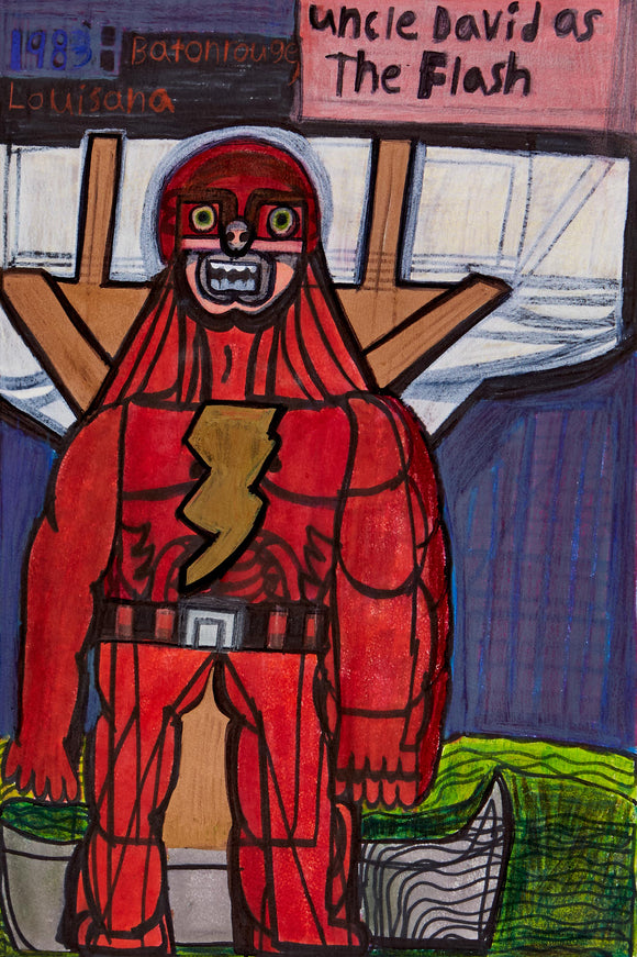 Evan Hynes’ Swamp Rider (2023) depicts a striking figure in a red superhero suit with a bold lightning emblem, identified as 