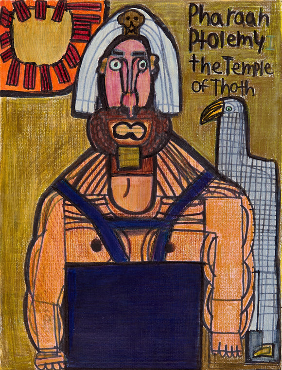 Evan Hynes’ The Pharaoh of Visions (2021) presents a bold depiction of Pharaoh Ptolemy, adorned with a traditional nemes headdress and a skull emblem. Rendered in colored pencil and marker, the composition features geometric structuring, rich earth tones, and expressive linework. The inclusion of a falcon, referencing the Temple of Thoth, reinforces themes of wisdom and divine kingship. Hynes’ folk-art aesthetic reinterprets ancient Egyptian iconography through a contemporary, symbolic lens.