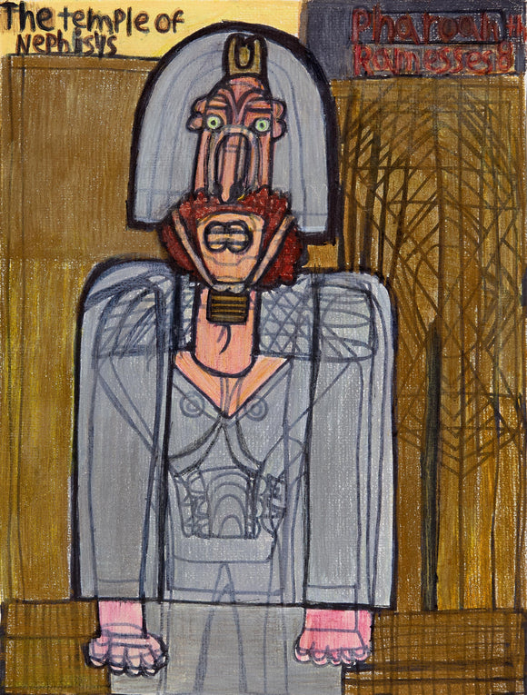 Evan Hynes’ The Pharaoh of the Living (2021) presents a regal depiction of Pharaoh Ramses II, standing against a richly textured architectural backdrop labeled 