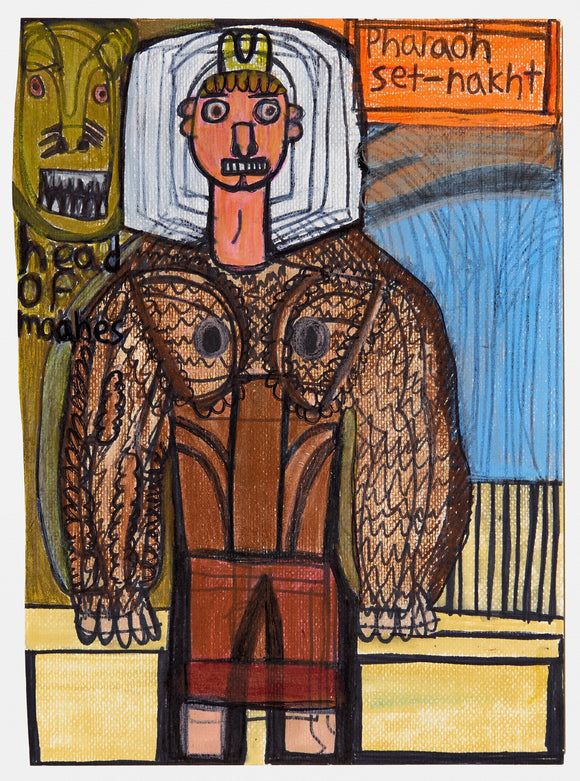 Evan Hynes’ The Rat King (2020) reimagines Pharaoh Setnakhte with an exaggerated, muscular form and intricate linework. The composition, executed in colored pencil and marker, features a commanding central figure adorned with a nemes headdress and stylized armor. A menacing feline head in the background reinforces themes of power and protection. Hynes’ bold use of color and structured forms transform historical iconography into a dynamic, contemporary vision of mythical rule.