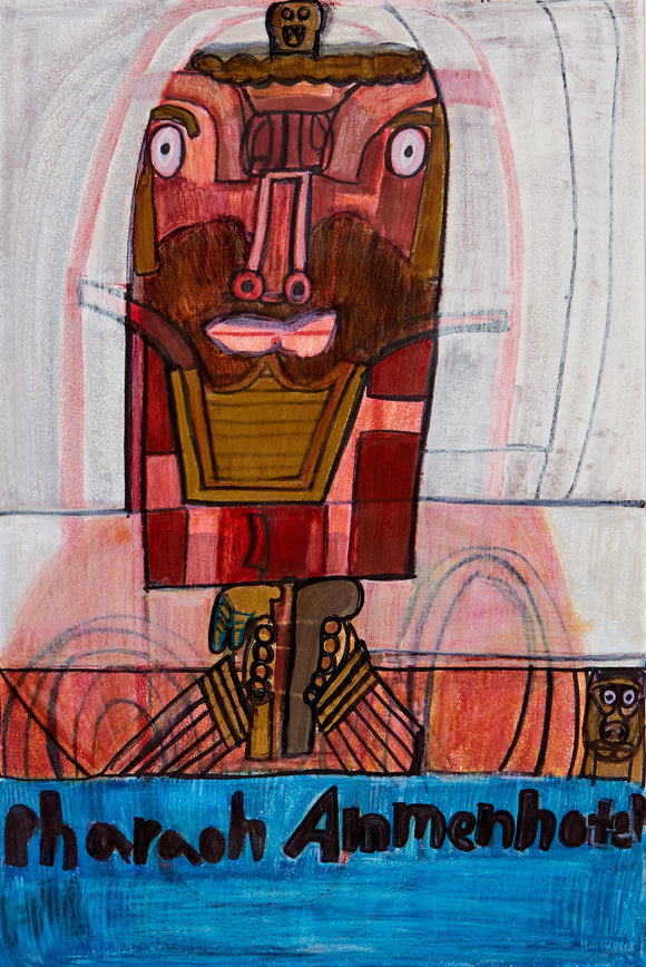 Evan Hynes’ The Ruler of Lions (ND) presents a stylized portrait of Pharaoh Ammenhotep, depicted with a geometric, fragmented face and an exaggerated, commanding expression. The composition, executed in colored pencil and marker, features bold linear patterns, layered color fields, and symbolic elements such as the pharaonic headdress and crossed arms, evoking traditional Egyptian iconography. The dynamic background and expressive mark-making create a contemporary reimagining of ancient regal power.