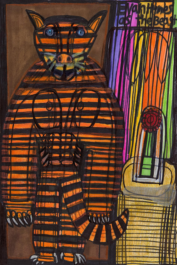 Evan Hynes’ Tower of The Tiger (2021) depicts a hybridized feline humanoid figure with bold black and orange stripes, an intense gaze, and clawed hands. Rendered in colored pencil and marker, the composition merges elements of anthropomorphism and mythology, evoking themes of transformation and primal instinct. The structured background, featuring vibrant linear patterns and an ornate object, enhances the figure’s imposing presence, reinforcing a sense of power and mysticism.