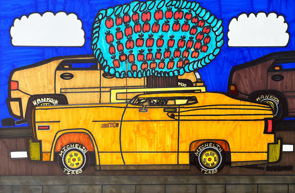 This drawing features a stylized depiction of a bright yellow Gran Torino car in the foreground, juxtaposed with other vehicles and set against a vivid blue sky. The surreal inclusion of a cloud-like formation filled with red apples adds a playful, pop-art element, contrasting everyday objects with unexpected imagery to create a sense of whimsy and visual intrigue.
