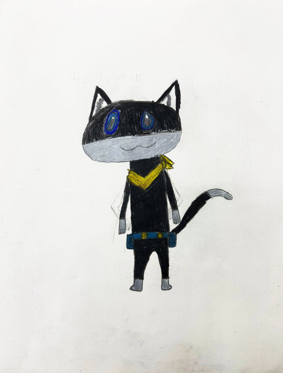 This drawing portrays a stylized, anthropomorphic cat character with large blue eyes, wearing a black outfit accented by a yellow scarf and a blue utility belt. The minimalist background and simple color palette emphasize the character's expressive face and costume details, inviting viewers to focus on its playful, cartoon-like personality.