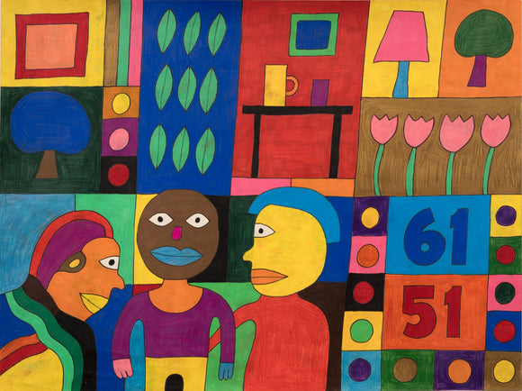 This colorful 18 by 24-inch artwork features a grid of objects and numbers, along with three stylized human figures in the bottom left corner. Prominent elements include numbers like 