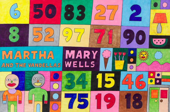 This 24 by 36-inch artwork features a grid of numbers, names, and colorful objects. Numbers like 