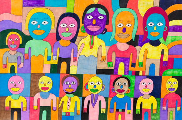 This 24 by 36-inch artwork showcases two rows of stylized human figures with colorful faces and clothing. Each figures have their hands at their sides, but have different clothes, accessories, and different skin colors. The background is a patchwork of bright colors and geometric shapes. The figures have bold outlines and expressive features. The figures in the top row are slightly larger than the lower row. 