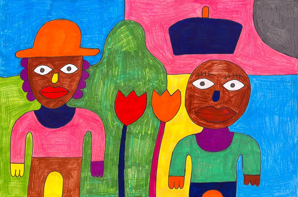 This 12 by 18-inch artwork features two stylized human figures with simplified facial features and colorful clothing. One figure wears an orange hat and a pink top, while the other sports a green shirt with a blue cap floating above. Set against a backdrop of bold, segmented colors—blue, pink, green, and yellow—the composition includes two abstract tulips between the figures. The piece's colorful and abstract composition creates a lively, whimsical atmosphere.