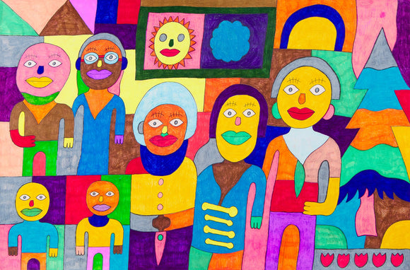 This 24 by 36-inch artwork features a group of seven stylized human figures in varying sizes with vibrant faces and bold outlines. The background is a mix of bright, contrasting colors and geometric shapes. Representational objects can also be seen, including a sun, a cloud, and a tall, multicolored pine tree at the right. Each figure has unique facial expressions and colors, creating a lively and dynamic composition that captures a sense of familial bonds.
