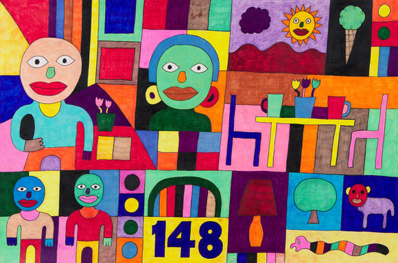 This 24 by 36-inch artwork depicts stylized human figures with vibrant faces and bold outlines. The composition shifts between an interior and an abstract scene, with different areas showing a table with two chairs and two mugs and others featuring a mix of bright, contrasting colors and geometric shapes. Different elements are represented, including a sun, cloud, tree, and objects like a table and chairs. The number 