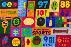 This 24 by 36-inch artwork features a variety of stylized sports equipment and numbers, including a baseball bat, tennis racket, bowling ball, and football, among others. Words like "SPORTS" and numbers like "97," “88,” and "101" are prominently displayed. Several sections show numbers like “9” and “6” next to a collection of the same amount of dots. The background is a patchwork of bright, contrasting colors and geometric shapes that frame the different athletic equipment.