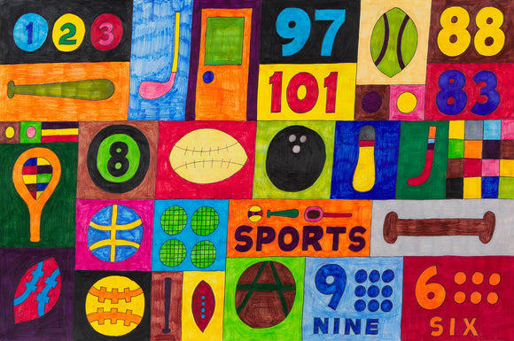 This 24 by 36-inch artwork features a variety of stylized sports equipment and numbers, including a baseball bat, tennis racket, bowling ball, and football, among others. Words like 