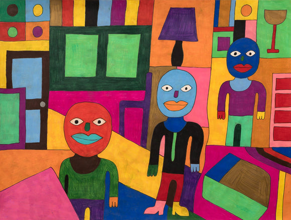 This vibrant 18 by 24-inch artwork depicts three stylized human figures with colorful faces and bold outlines. The background is a lively mix of bright, contrasting colors and geometric shapes, including windows, a door, a lamp, and a table. These shapes allude to an interior and create a sense of depth in an otherwise flat, graphic scene. The grid of shapes is broken up with diagonal lines, further abstracting the composition.  