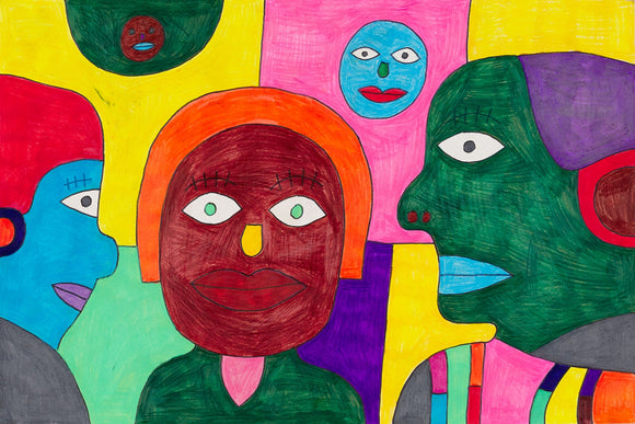 This 12 by 18-inch artwork features three stylized human faces in vibrant colors: red, blue, and green. The background is a patchwork of bright, contrasting colors, including yellow, pink, and green. Additional faces float in the background, adding to the abstract and surreal feel. The figures have expressive eyes, bold outlines, and colorful lips, creating a lively and dynamic composition.