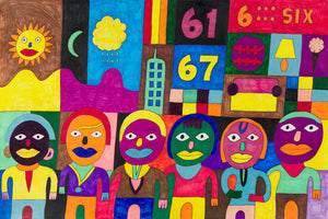 This 24 by 36-inch artwork showcases six stylized human figures with colorful faces, each uniquely designed with their own color palette and accessories. The background is a patchwork of bright colors and geometric shapes, including a sun, cloud, moon, numbers "61" and "67," and various objects like a baseball, a lamp, and an ice cream cone. The composition is lively and dynamic, filled with vivid shapes with bold black outlines.