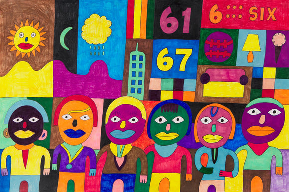 This 24 by 36-inch artwork showcases six stylized human figures with colorful faces, each uniquely designed with their own color palette and accessories. The background is a patchwork of bright colors and geometric shapes, including a sun, cloud, moon, numbers 