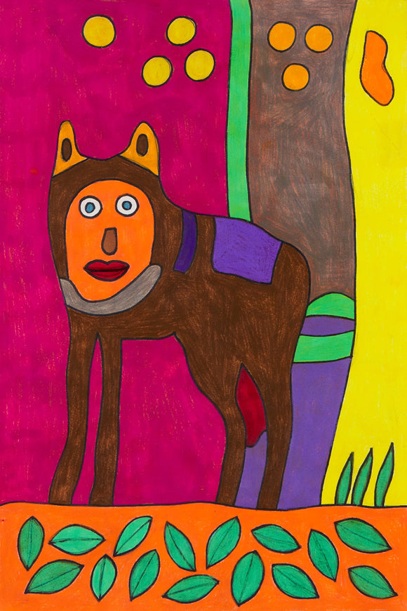 The 18 by 12-inch artwork features a stylized animal with a human-like face, large ears, and bright, expressive eyes. The background is a vibrant mix of magenta, yellow, and green, with abstract shapes and patterns. Green leaves are scattered on the orange ground, and yellow circles float in the background, adding to the whimsical and surreal atmosphere.