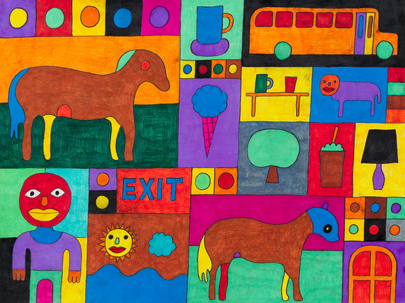 This 18 by 24-inch artwork features an array of vibrant elements: two brown horses, a red-faced figure, a golden school bus, and a variety of objects like a coffee cup, ice cream cone, tree, and lamp. The word 