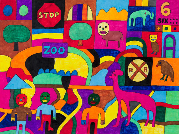 This 18 by 24-inch artwork has a colorful, abstract background overlaid with various elements: a pink giraffe-like creature, trees, human figures, and animals, including an elephant and a bird. Words like 