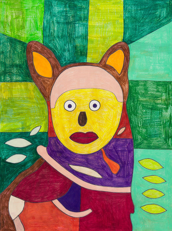 This 24 x 18-inch colorful artwork features a stylized, human-like figure with a yellow face, large round eyes, a small oval nose, and red lips. The figure has bear-like ears, and its body is wrapped in abstract shapes and colors, including green, yellow, purple, and red. The background is a patchwork of various green shades, with white leaf-like shapes scattered on both sides of the figure, creating a whimsical, vibrant scene.
