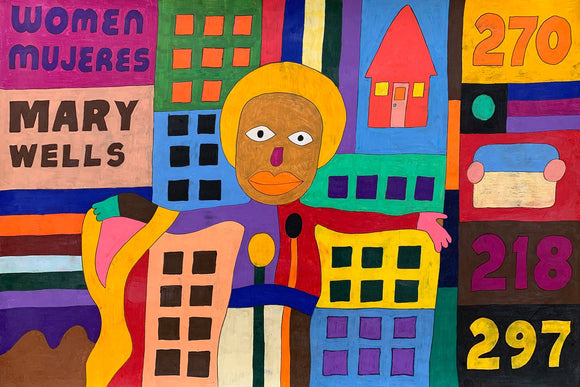This 24 x 36-inch artwork shows a central figure with a brown face, bright yellow hair, big eyes, orange lips, and a purple nose. Surrounding the figure are colorful buildings and blocks, each in different hues of green, blue, orange, purple, and red. The left side reads 