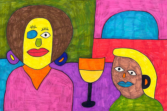 This 12-by-18-inch artwork by Hugo Rocha showcases two stylized figures set against a vibrant, gridded background. The left figure has a yellow face, red lips, a blue eye patch, and a large brown, circular hair-do, accented with purple earrings. The right figure has brown skin, blonde hair, and blue lips. Between them stands a tall, orange and yellow goblet. The bold background, with shades of green, pink, blue, and purple, enhances the abstract nature of the piece.