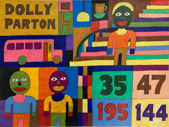 This colorful 18 by 24-inch artwork features a grid of numbers, names, shapes, and stylized human figures. Prominent elements include 