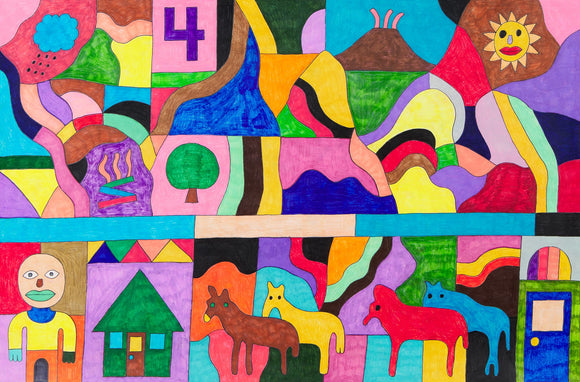 This vibrant 24 by 36-inch artwork depicts a dynamic scene filled with organic abstract shapes and colorful patterns. Elements include a stylized human figure in the bottom left corner, the number “4”, a house, trees, a campfire, horses, and abstract landscape features like mountains, a volcano, a rain cloud, and a sun. The background is a lively mix of bright colors and geometric shapes, creating an energetic and abstract landscape scene.