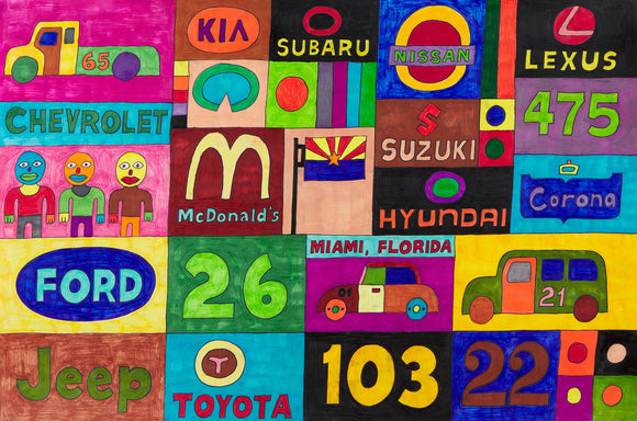 This 24 by 36-inch artwork features a grid of various car brand logos, numbers, and stylized human figures. The brands 