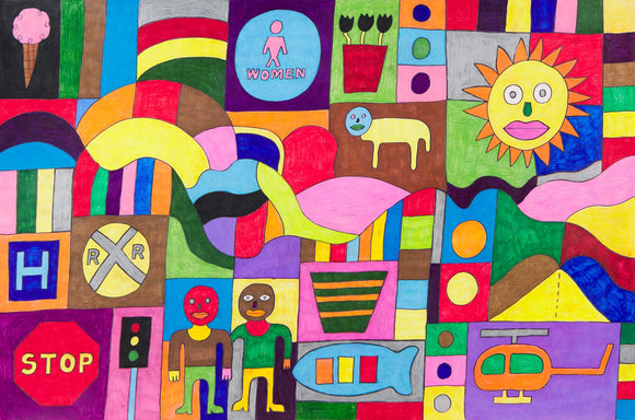 This 24 by 36-inch artwork showcases a dynamic, partially gridded scene filled with colorful shapes and abstract patterns. The grid is broken by several organic shapes that resemble an abstract landscape. Representational elements are also dispersed throughout the composition, including a stylized sun, tulips, an ice cream cone, and a helicopter, along with stylized human figures and objects like a stop sign and railroad crossing.