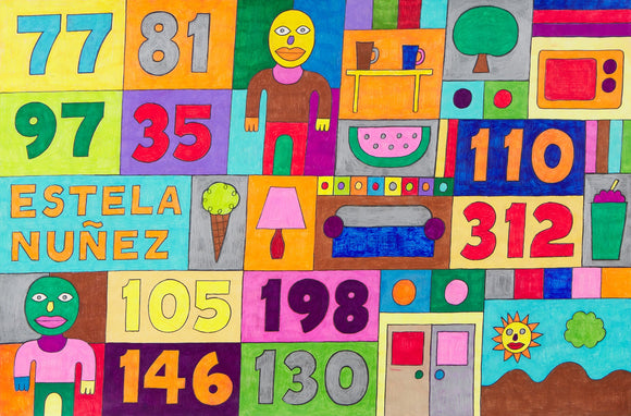 This 24 by 36-inch colorful artwork features a grid of numbers, names, and objects. Prominent numbers include 