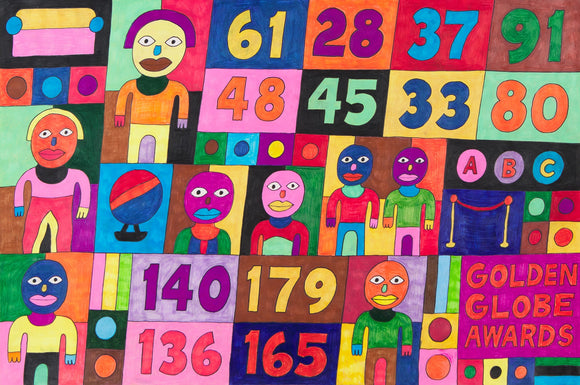 This 24 by 36-inch artwork features a grid of numbers, names, and stylized human figures. Prominent numbers include 