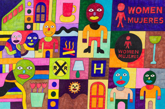 This 24 by 36-inch artwork features a mix of stylized human figures, objects, and text. The words 