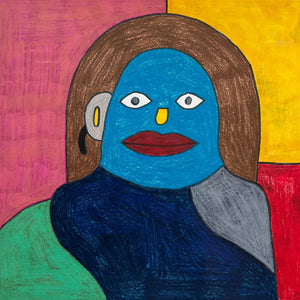 This 10 x 10-inch artwork features a stylized portrait with a blue-faced figure. The figure has large, wide eyes with a white background and black pupils, a prominent yellow nose, and red lips. The hair is brown, covering the top and sides of the head. The background consists of vibrant blocks of color: pink on the left, yellow on the top right, and red on the bottom right. The figure's clothing includes a dark blue shirt with green and gray sections.