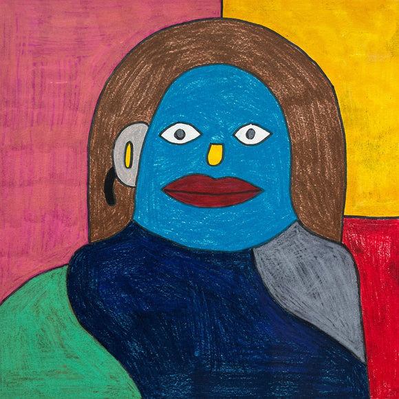 This 10 x 10-inch artwork features a stylized portrait with a blue-faced figure. The figure has large, wide eyes with a white background and black pupils, a prominent yellow nose, and red lips. The hair is brown, covering the top and sides of the head. The background consists of vibrant blocks of color: pink on the left, yellow on the top right, and red on the bottom right. The figure's clothing includes a dark blue shirt with green and gray sections.