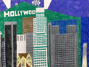 This artwork depicts a Los Angeles skyline with prominent buildings in front of the Hollywood Hills, featuring the iconic "HOLLYWOOD" sign. The muted color palette and geometric forms give the composition a structured, almost architectural feel, evoking the city's blend of natural landscape and urban development.