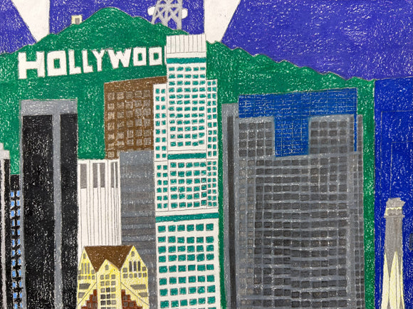 This artwork depicts a Los Angeles skyline with prominent buildings in front of the Hollywood Hills, featuring the iconic 