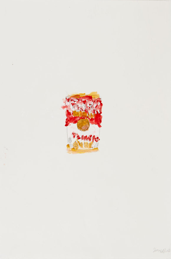 This minimalist painting features a loosely rendered depiction of a small object, positioned at the bottom center of an expansive white canvas. The sparse composition and delicate brushstrokes draw attention to the object’s vibrant red and yellow tones, inviting the viewer to contemplate the contrast between the detailed yet simplified form and the surrounding negative space.