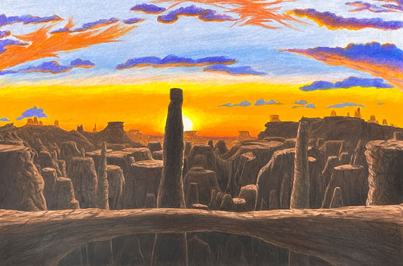 The image depicts a desert landscape at sunset, characterized by towering rock formations and deep canyons rendered in dark, earthy tones. The sky is awash with warm oranges and yellows from the setting sun, with contrasting purple and blue clouds adding depth to the expansive scene, evoking a sense of solitude and grandeur in a rugged natural environment.