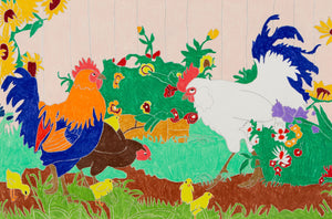 This vibrant illustration depicts a lively farmyard scene featuring two roosters—one a striking orange with deep blue feathers, the other primarily white—and a group of bright yellow chicks scattered around. Sunflowers, green foliage, and colorful flowers frame the scene, adding a cheerful, pastoral atmosphere to the composition.