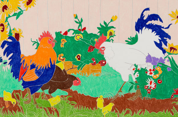 This vibrant illustration depicts a lively farmyard scene featuring two roosters—one a striking orange with deep blue feathers, the other primarily white—and a group of bright yellow chicks scattered around. Sunflowers, green foliage, and colorful flowers frame the scene, adding a cheerful, pastoral atmosphere to the composition.