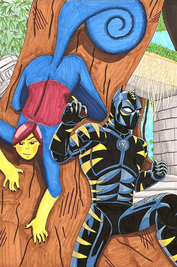 The image depicts two stylized figures resembling superheroes or characters in costume climbing a large, textured tree. One figure wears a form-fitting black and yellow suit with blue accents, resembling armor, while the other, with a yellow face and red hair, is partially integrated into the tree, their body painted in blue and red with exaggerated limbs, lending a surreal quality to the composition.