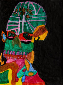 A colorful, abstract portrait featuring a head with green, orange, pink, and blue details on a black background, with graphic, mask-like facial features and a skeletal grin of magenta teeth.