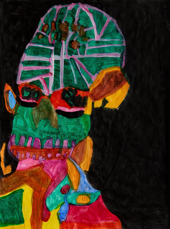 A colorful, abstract portrait featuring a head with green, orange, pink, and blue details on a black background, with graphic, mask-like facial features and a skeletal grin of magenta teeth.